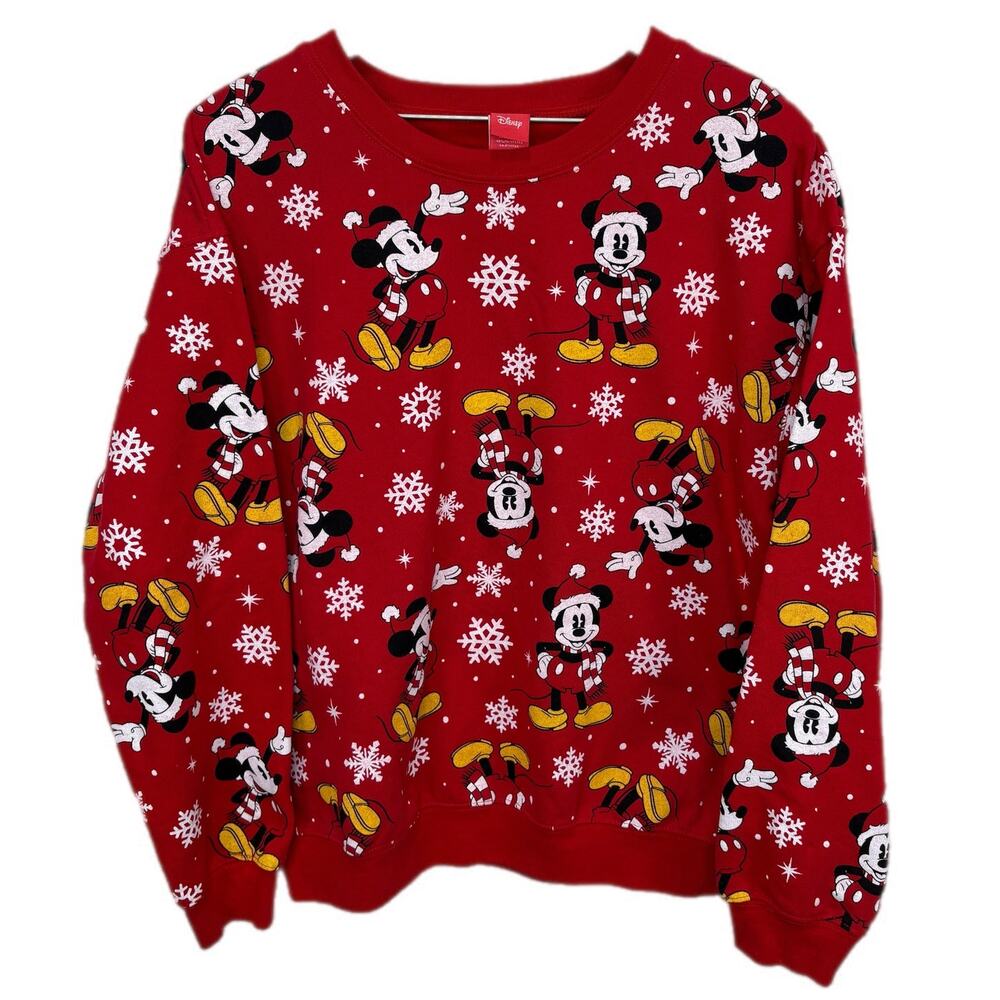 Disney AOP Mickey Snowflakes Red Christmas Crewneck Sweatshirt - Junior's 11/13